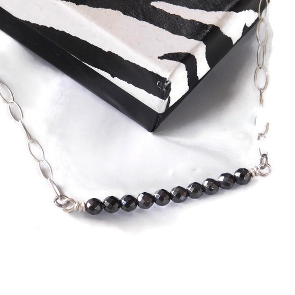 925 Sterling Silver Genuine Real Faceted Onyx Gemstone Bar Protection Necklace - Picture 4 of 8